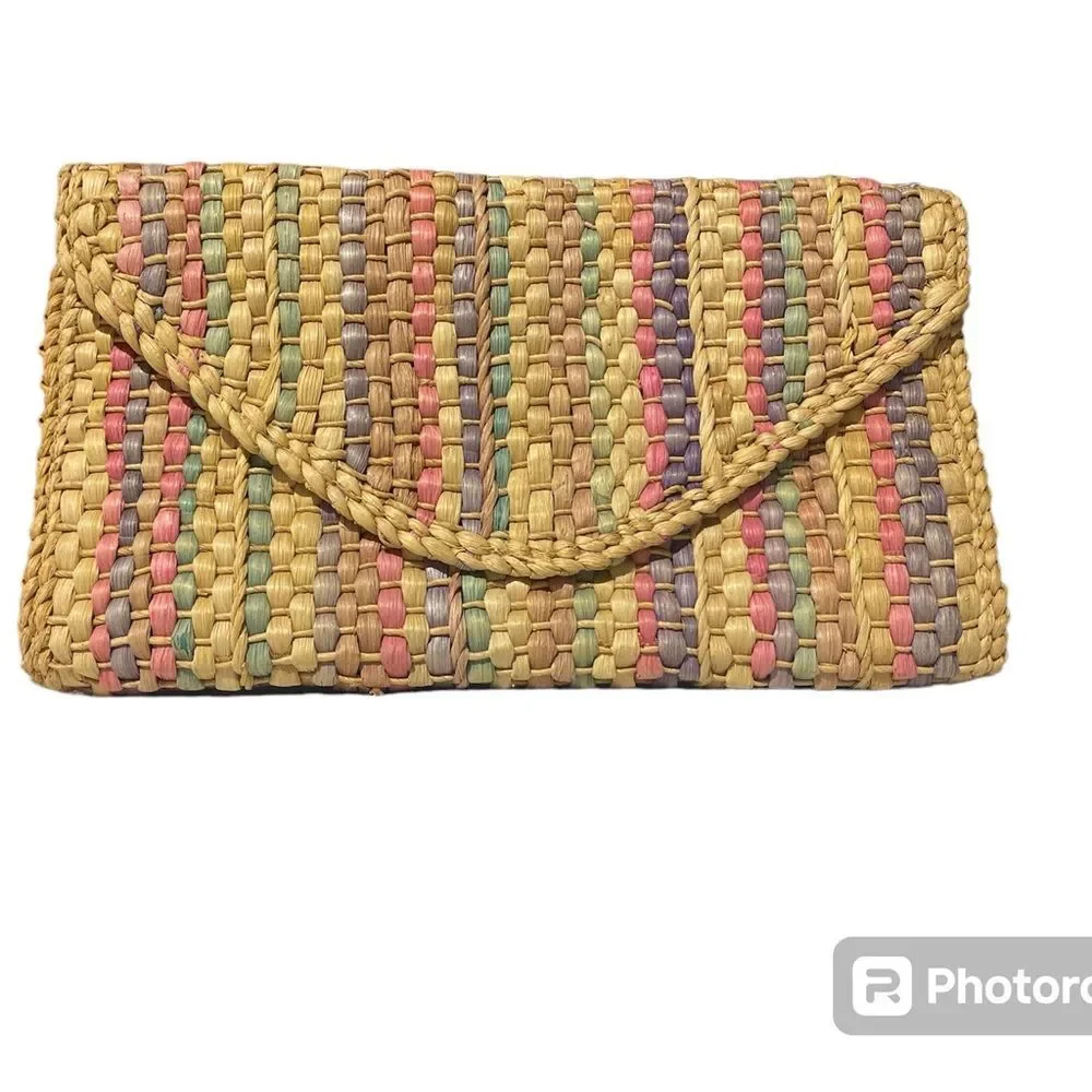Vintage Straw Chic Flap Beach Boho Summer Multi-Color Striped Clutch Hand Bag